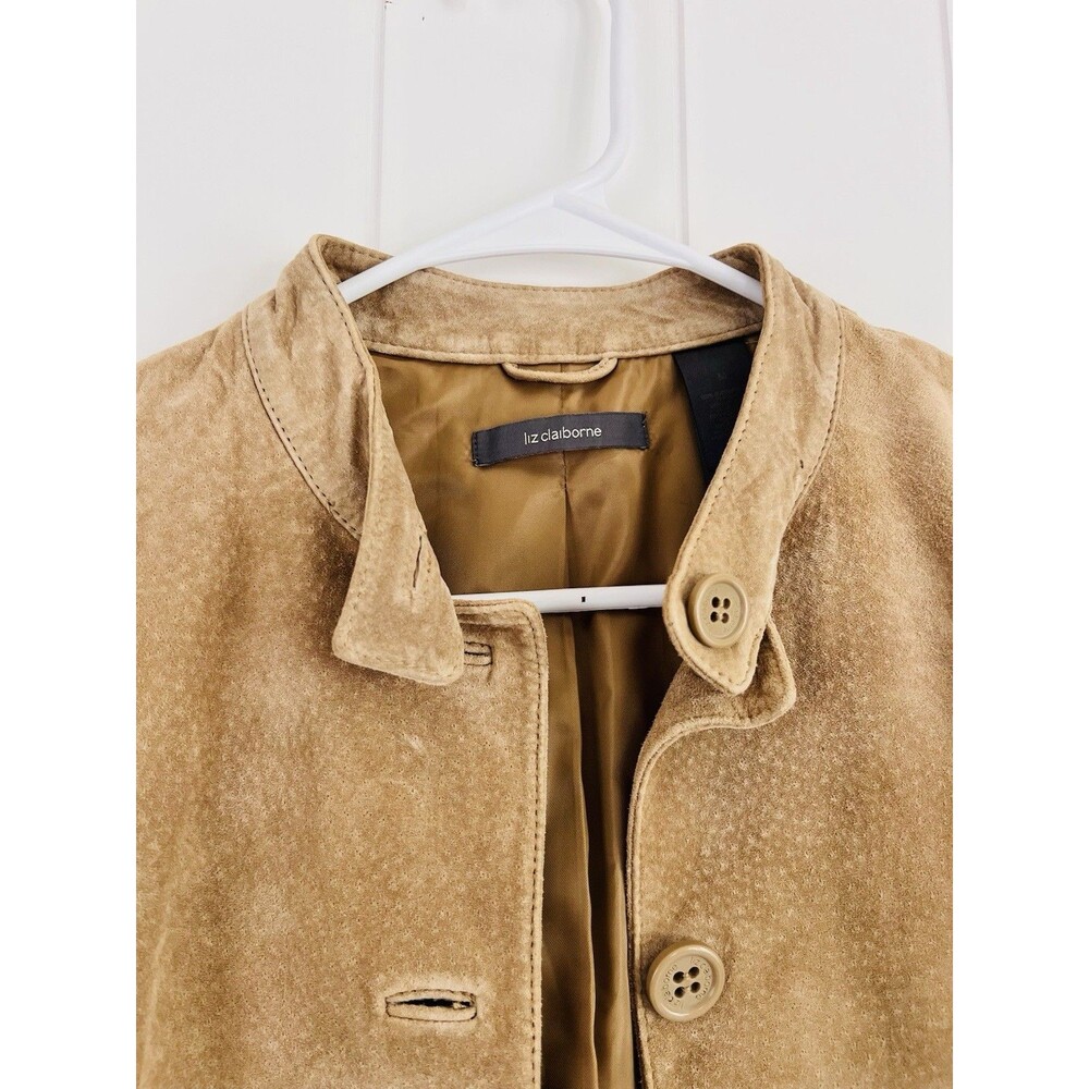 Vintage Liz Claiborne Brown 100% Suede Leather Satin Lined Button Up Jacket Med - Picture 2 of 8